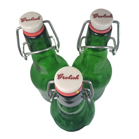Lot Of 3 Vintage GREEN Embossed GROLSCH Beer Bottles Very Nice 9.5 inches Tall - Picture 2 of 6